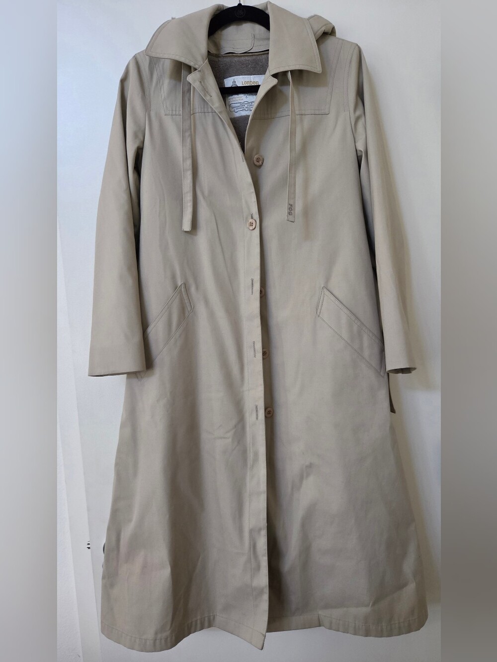 Vintage 70s London Fog Maincoats Hooded Trench Coat Tan Beige Lined Sz 6 Reg